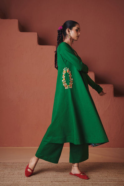 Paan Co Linen Embroidered Pocket Kurta Set with dupatta