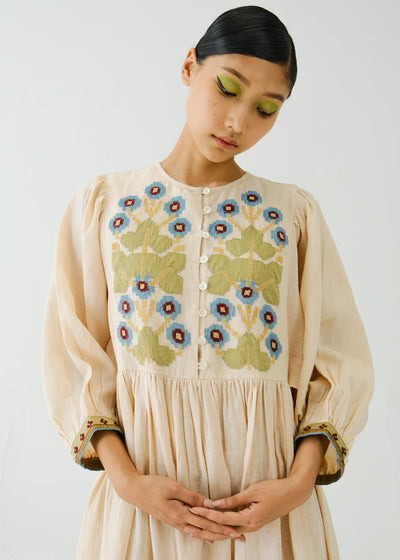 Peasant dress-Ivory Pixel Applique