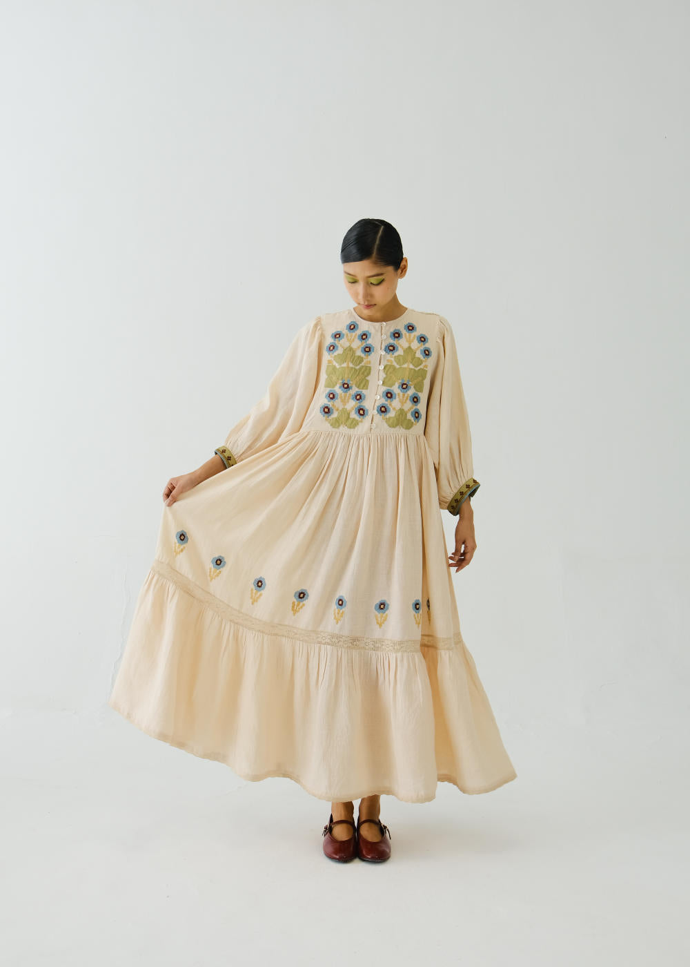 Peasant dress-Ivory Pixel Applique