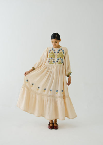 Peasant dress-Ivory Pixel Applique