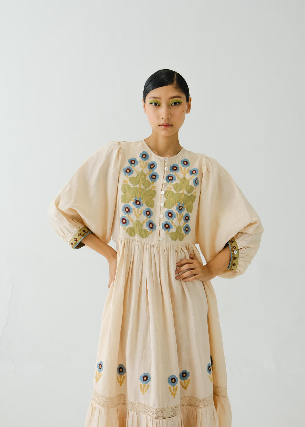 Peasant dress-Ivory Pixel Applique