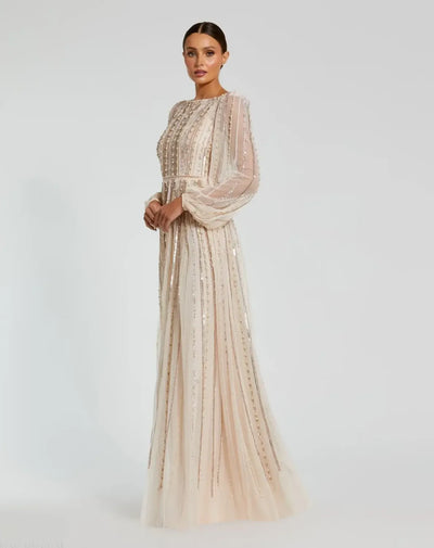 Pink Boat Neck Long Sleeve Gown With Striped Beading