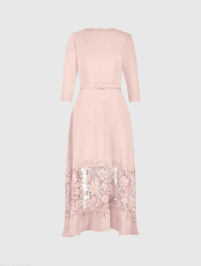 Pink Crepe Boat Neck Midi Dress With Applique Cut Out