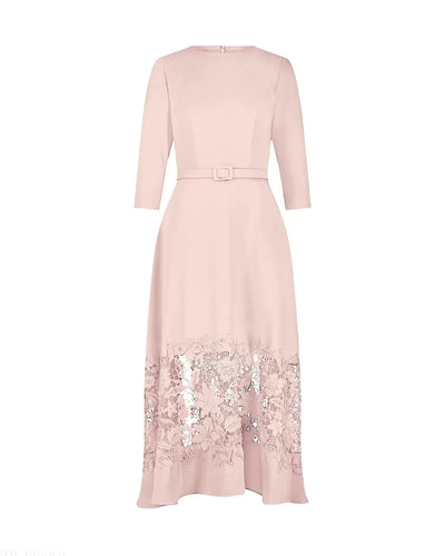 Pink Crepe Boat Neck Midi Dress With Applique Cut Out