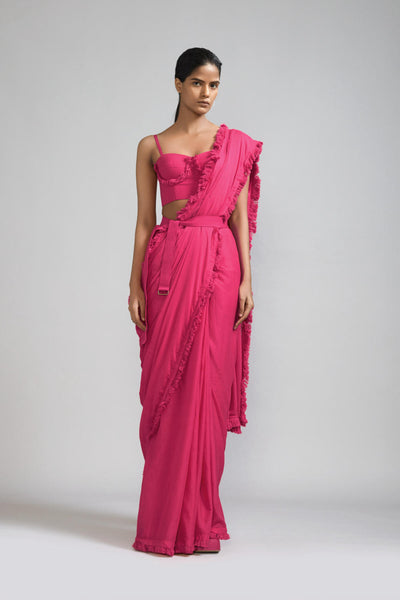 Pink Fringed Saree & Fringed Corset Set (2 PCS)