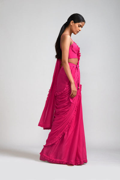 Pink Fringed Saree & Fringed Corset Set (2 PCS)