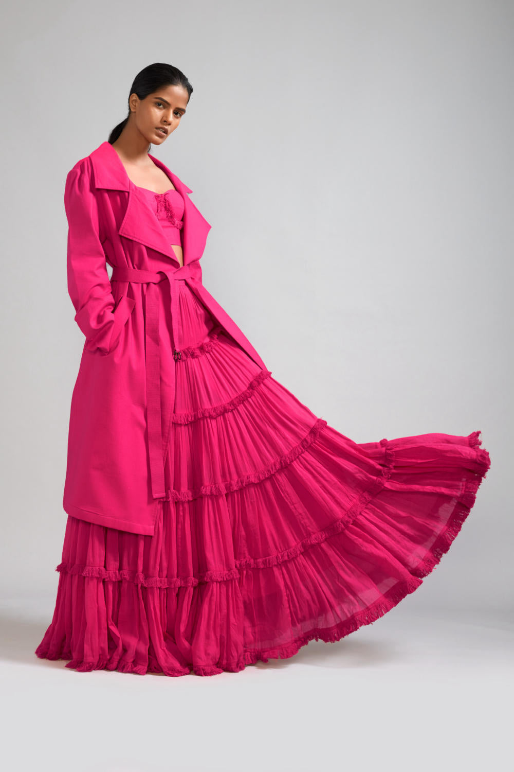 Pink Fringed Tiered Lehenga Jacket Set (3 PCS)