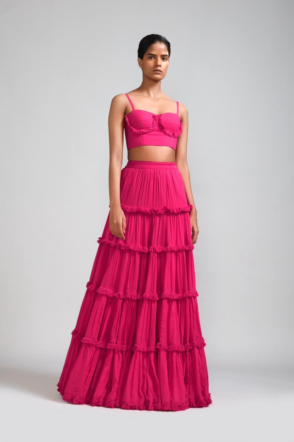 Pink Fringed Tiered Lehenga