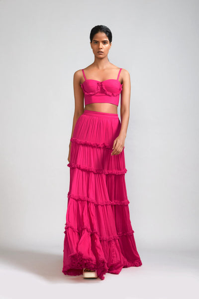 Pink Fringed Tiered Lehenga Set (2 PCS)