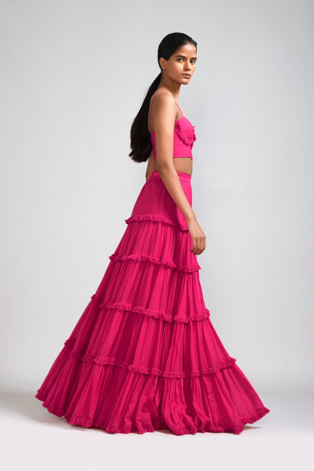 Pink Fringed Tiered Lehenga Set (2 PCS)