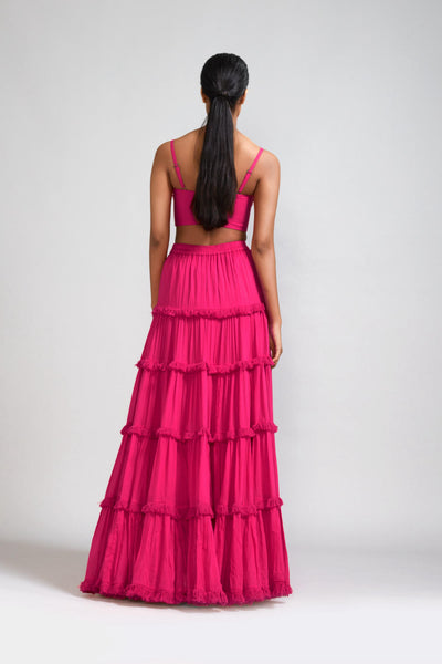 Pink Fringed Tiered Lehenga Set (2 PCS)