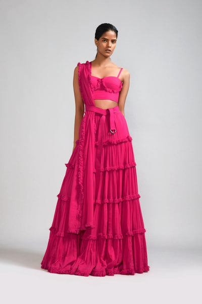 Pink Fringed Tiered Lehenga Set (3 PCS)