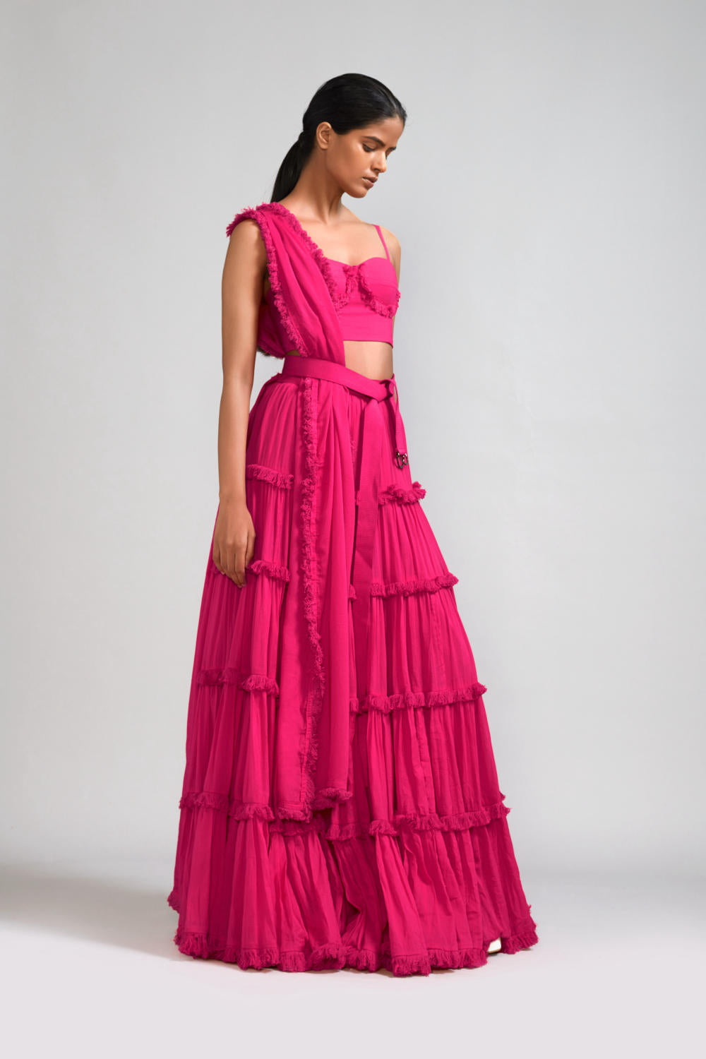 Pink Fringed Tiered Lehenga Set (2 PCS)