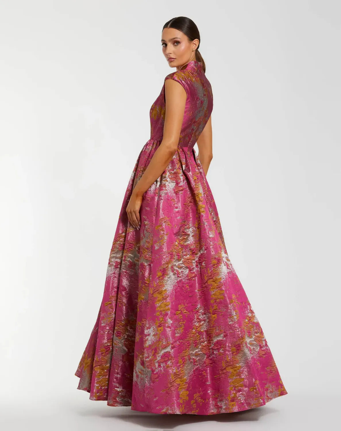 Pink Metallic Jacquard Ball Gown with Mandarin Collar