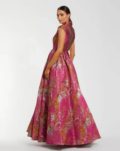 Pink Metallic Jacquard Ball Gown with Mandarin Collar
