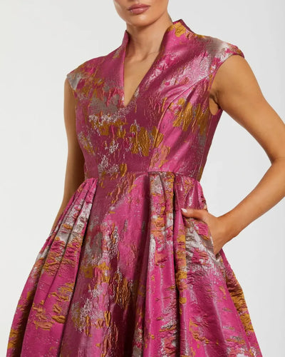 Pink Metallic Jacquard Ball Gown with Mandarin Collar