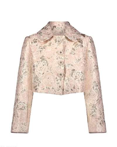 Pink Pearl Button Brocade Cropped Jacket