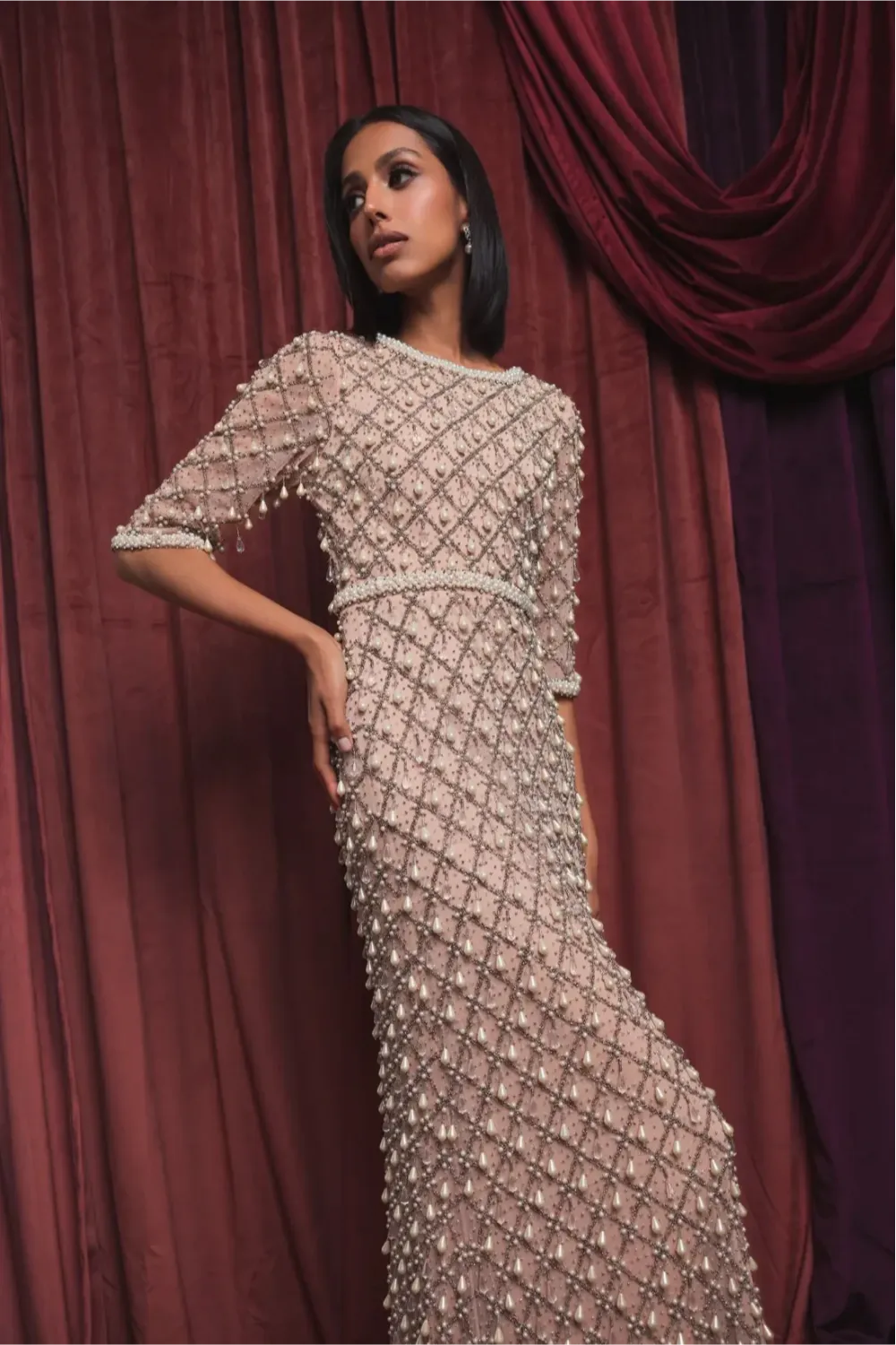 Pink Pearl Embellished 3/4 Sleeve Gown