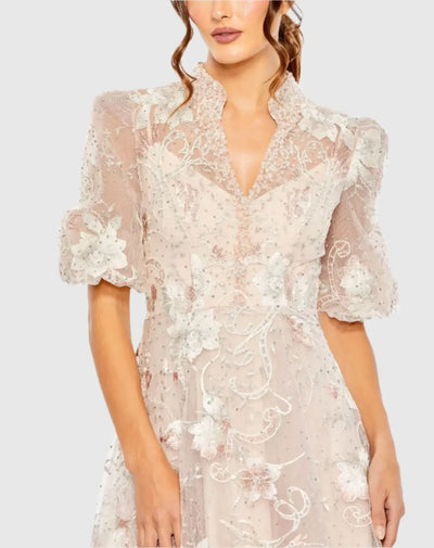 Pink Queen Anne Puff Sleeve A-Line Gown