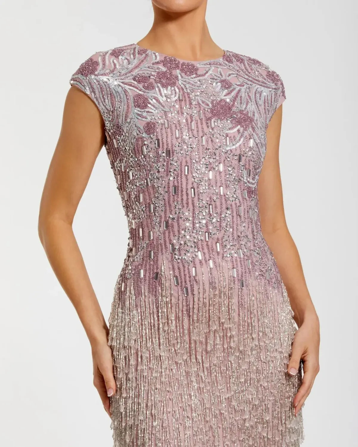 Purple Embellished Cap Sleeve Gown With Fringe Beading