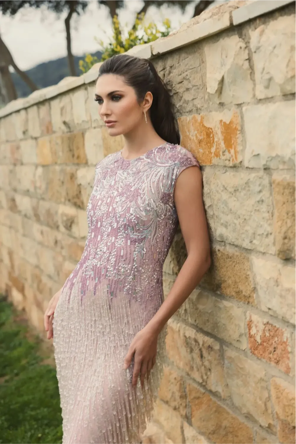 Purple Embellished Cap Sleeve Gown With Fringe Beading