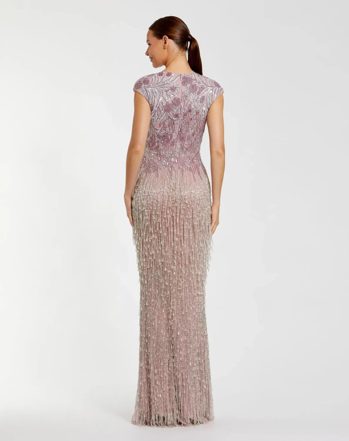 Purple Embellished Cap Sleeve Gown With Fringe Beading