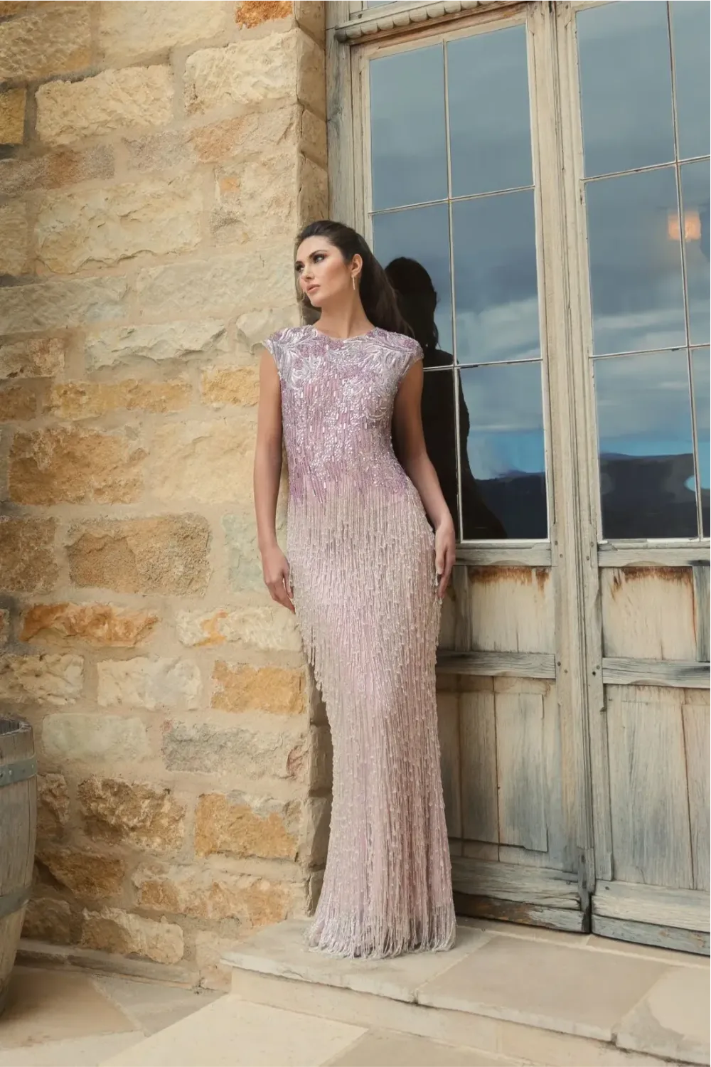 Purple Embellished Cap Sleeve Gown With Fringe Beading