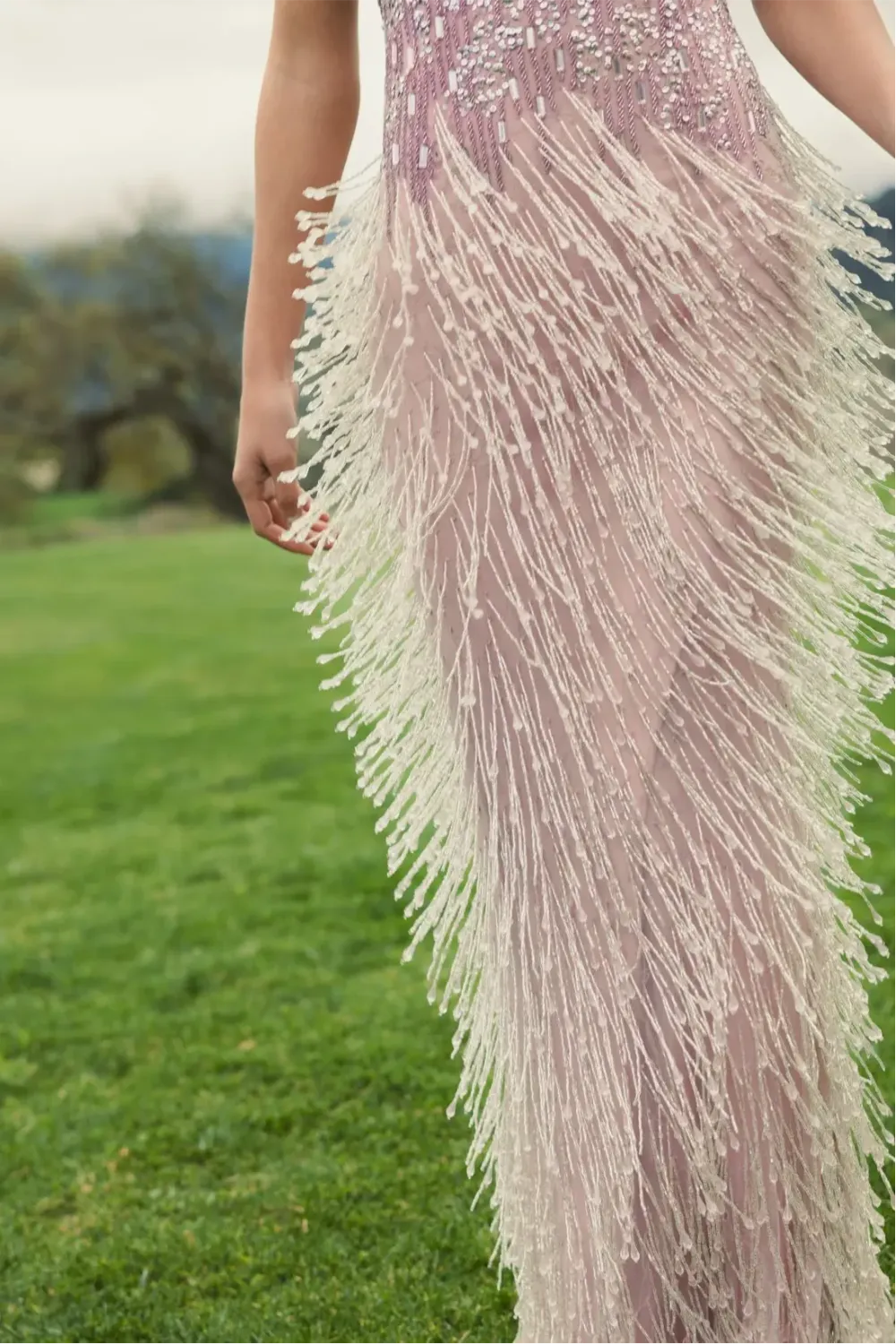 Purple Embellished Cap Sleeve Gown With Fringe Beading
