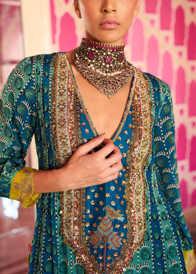Retro Raani Teal Silk Yoke Kurta Set