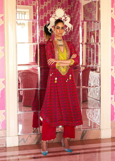 Retro Raani Red Silk Yoke Kurta Set
