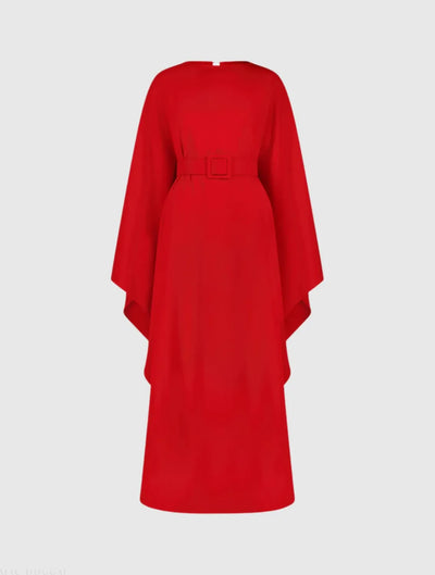Red Crepe Boat Neck Kaftan Maxi Dress With Belt