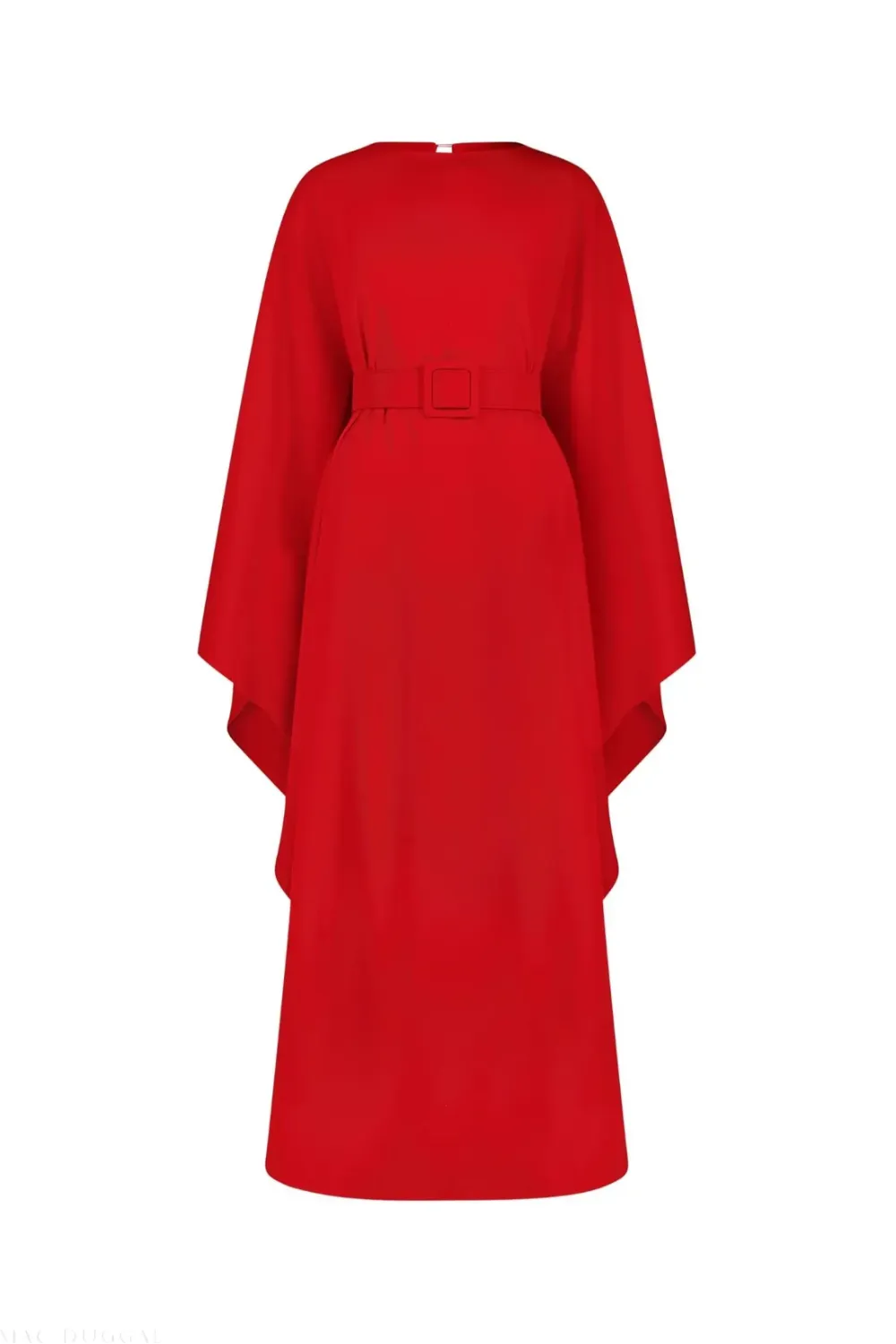 Red Crepe Boat Neck Kaftan Maxi Dress With Belt