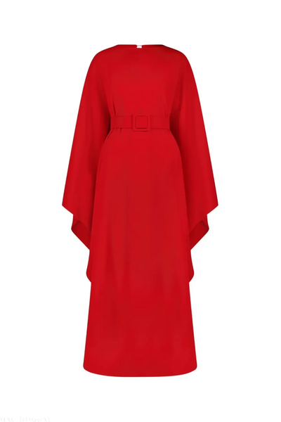 Red Crepe Boat Neck Kaftan Maxi Dress With Belt