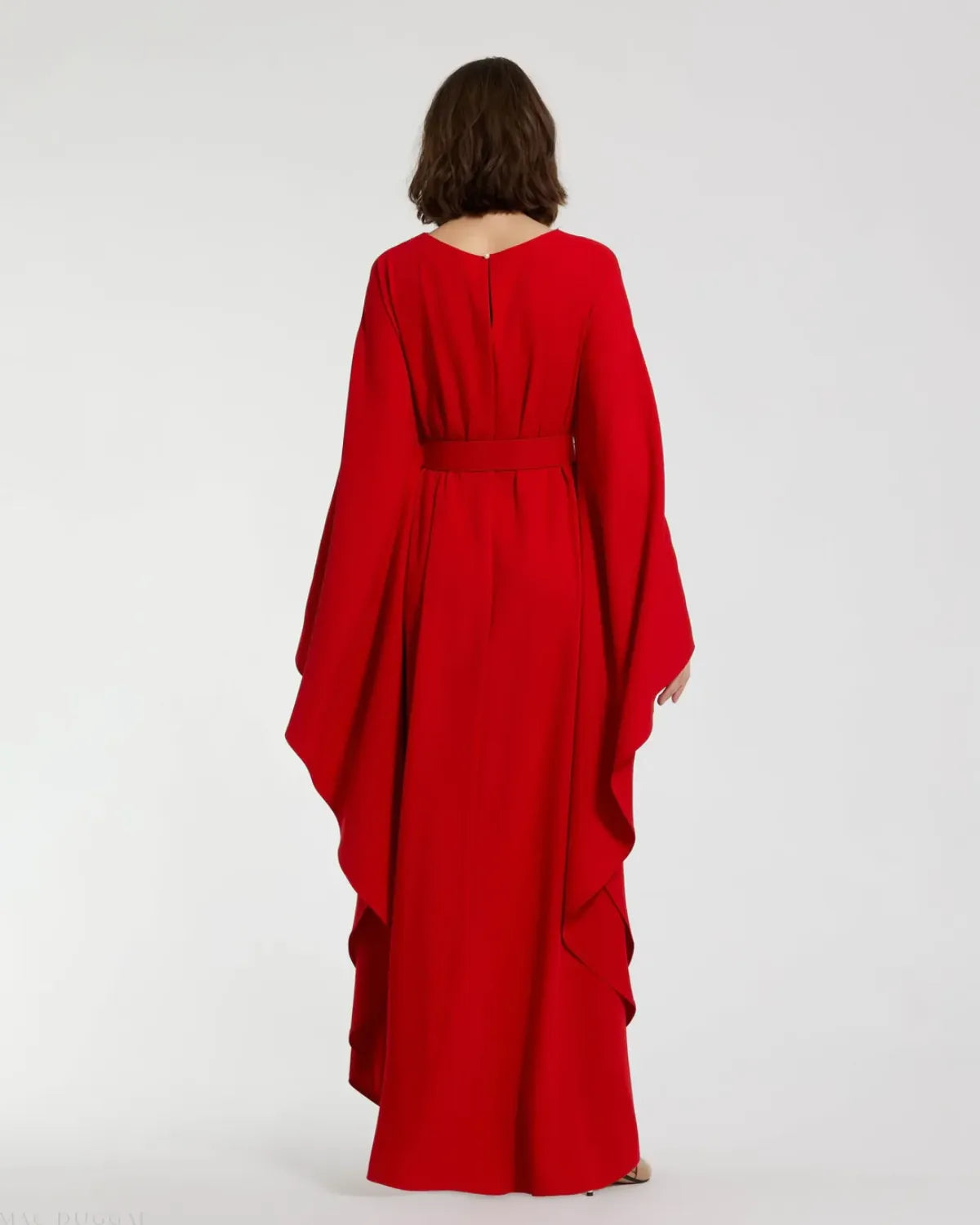 Red Crepe Boat Neck Kaftan Maxi Dress With Belt