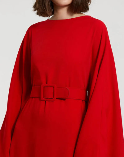 Red Crepe Boat Neck Kaftan Maxi Dress With Belt