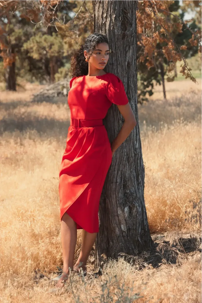 Red Crepe Boat Neck Midi Tulip Dress With Belt