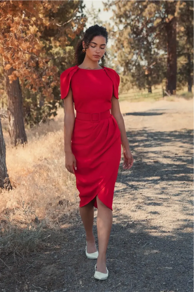 Red Crepe Boat Neck Midi Tulip Dress With Belt