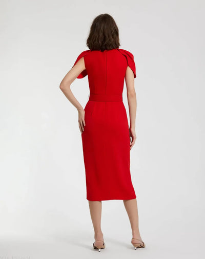 Red Crepe Boat Neck Midi Tulip Dress With Belt