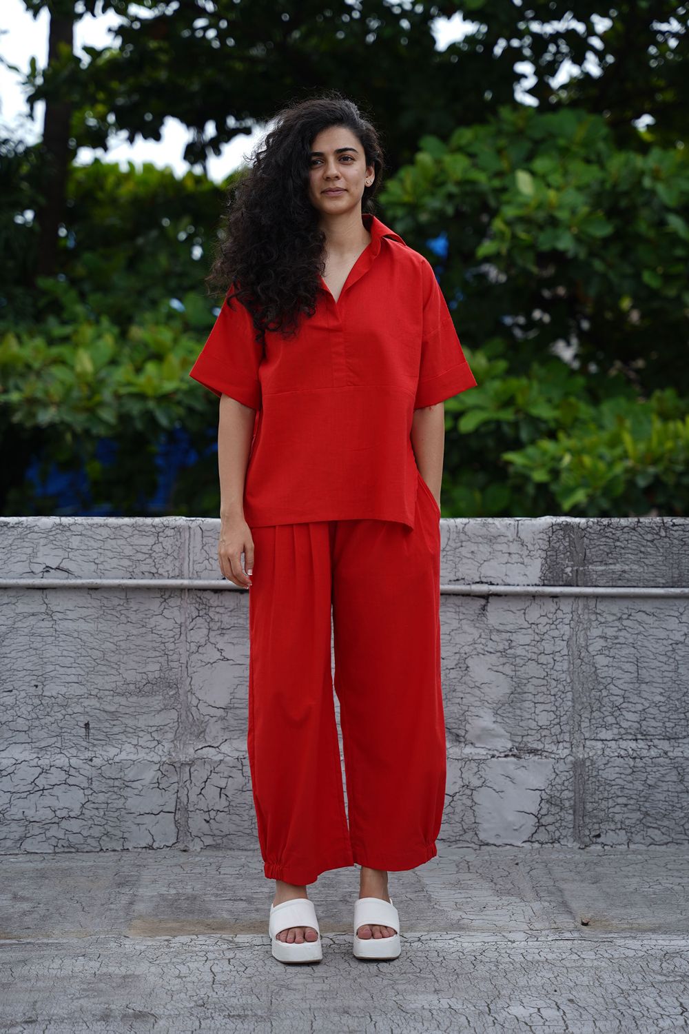 Red Ekin Shirt & Hera Cotton Co-Ord Set (2 PCS)