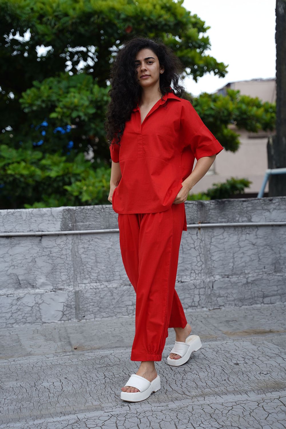 Red Ekin Shirt & Hera Cotton Co-Ord Set (2 PCS)