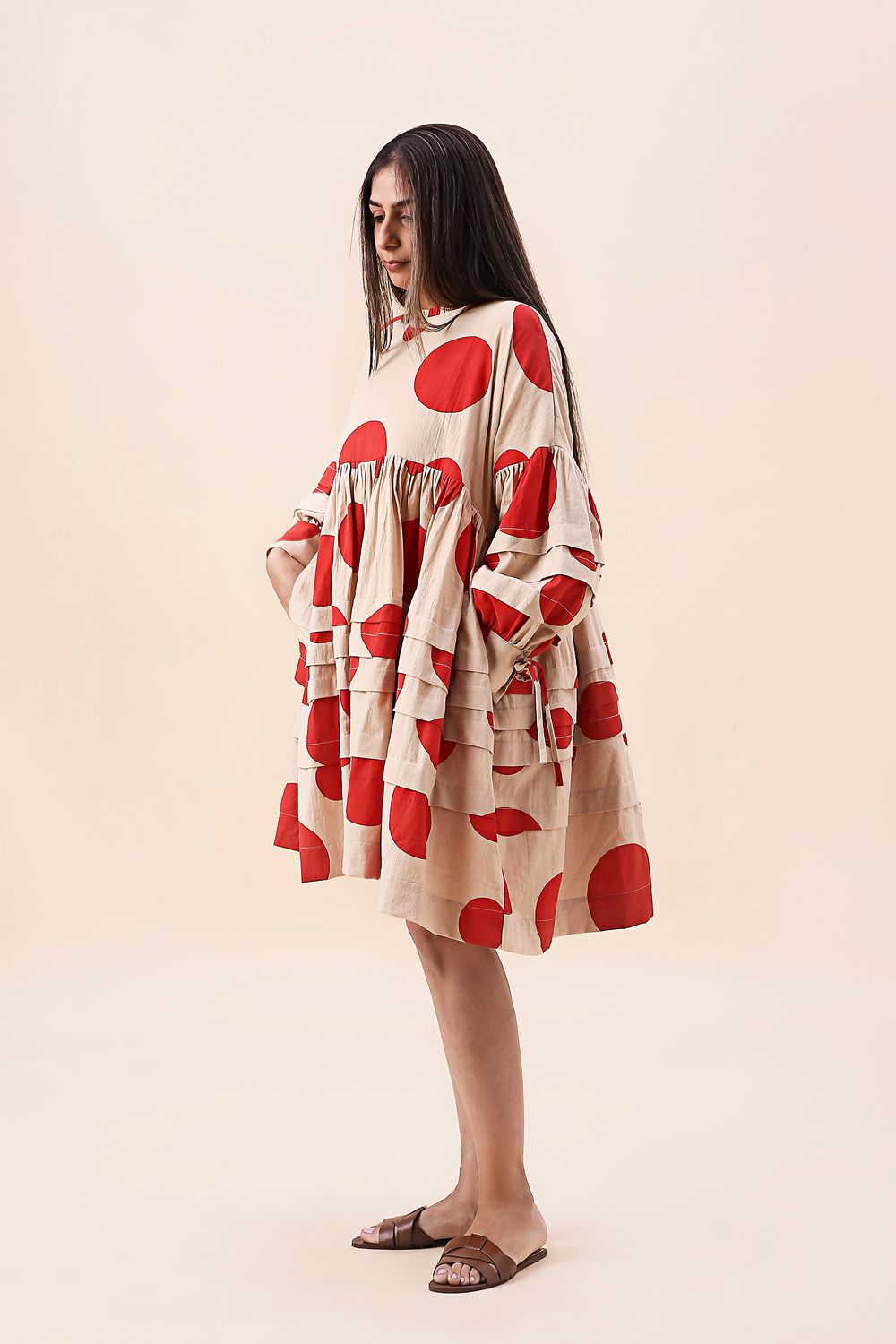 Red Hand Block Printed Polka Avira Dress