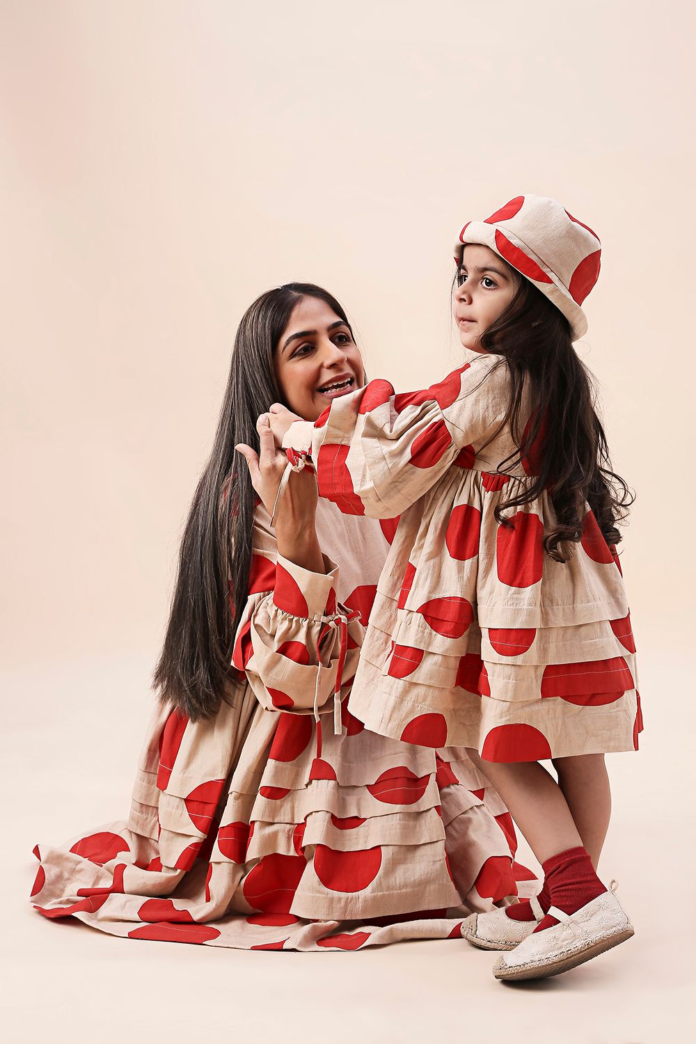 Red Hand Block Printed Polka Avira Dress