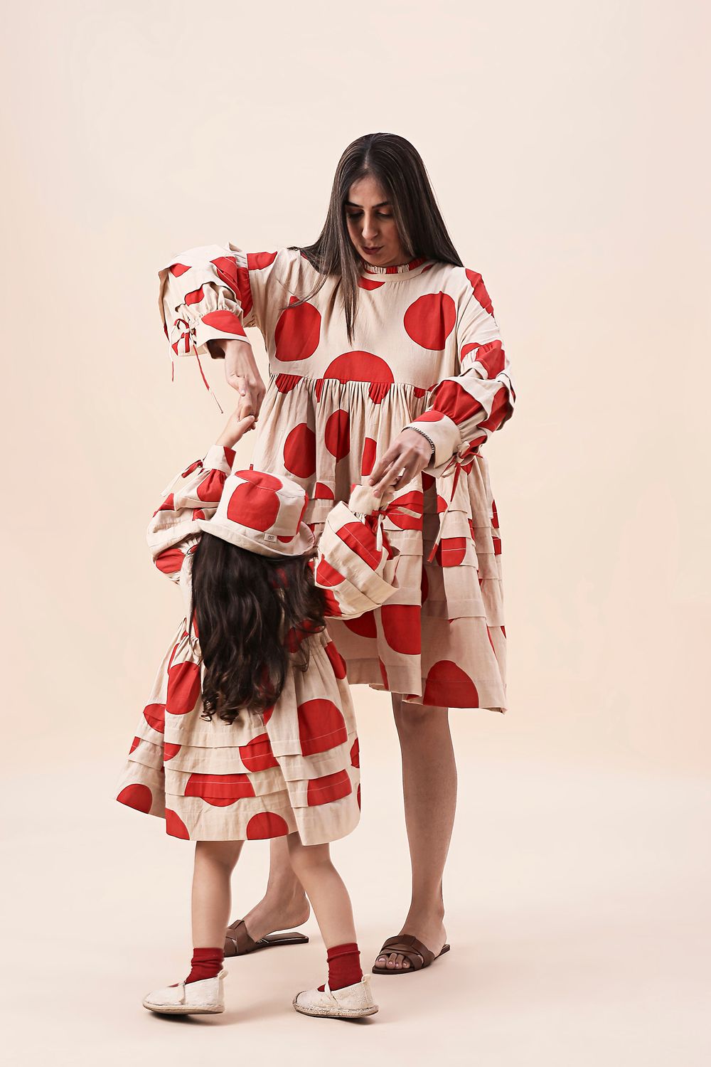 Red Hand Block Printed Polka Avira Dress