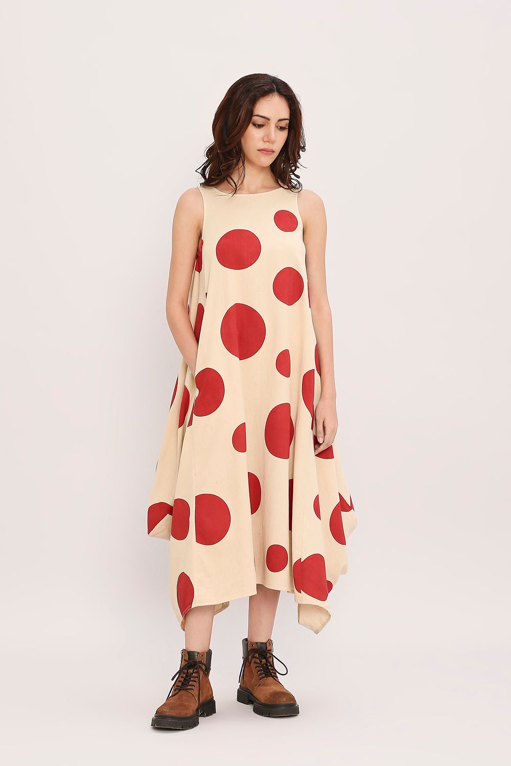 Red Hand Block Printed Polka Vari Dress