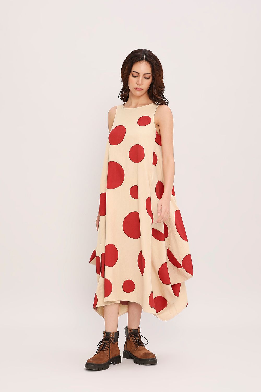 Red Hand Block Printed Polka Vari Dress