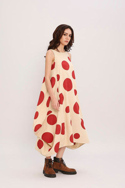 Red Hand Block Printed Polka Vari Dress