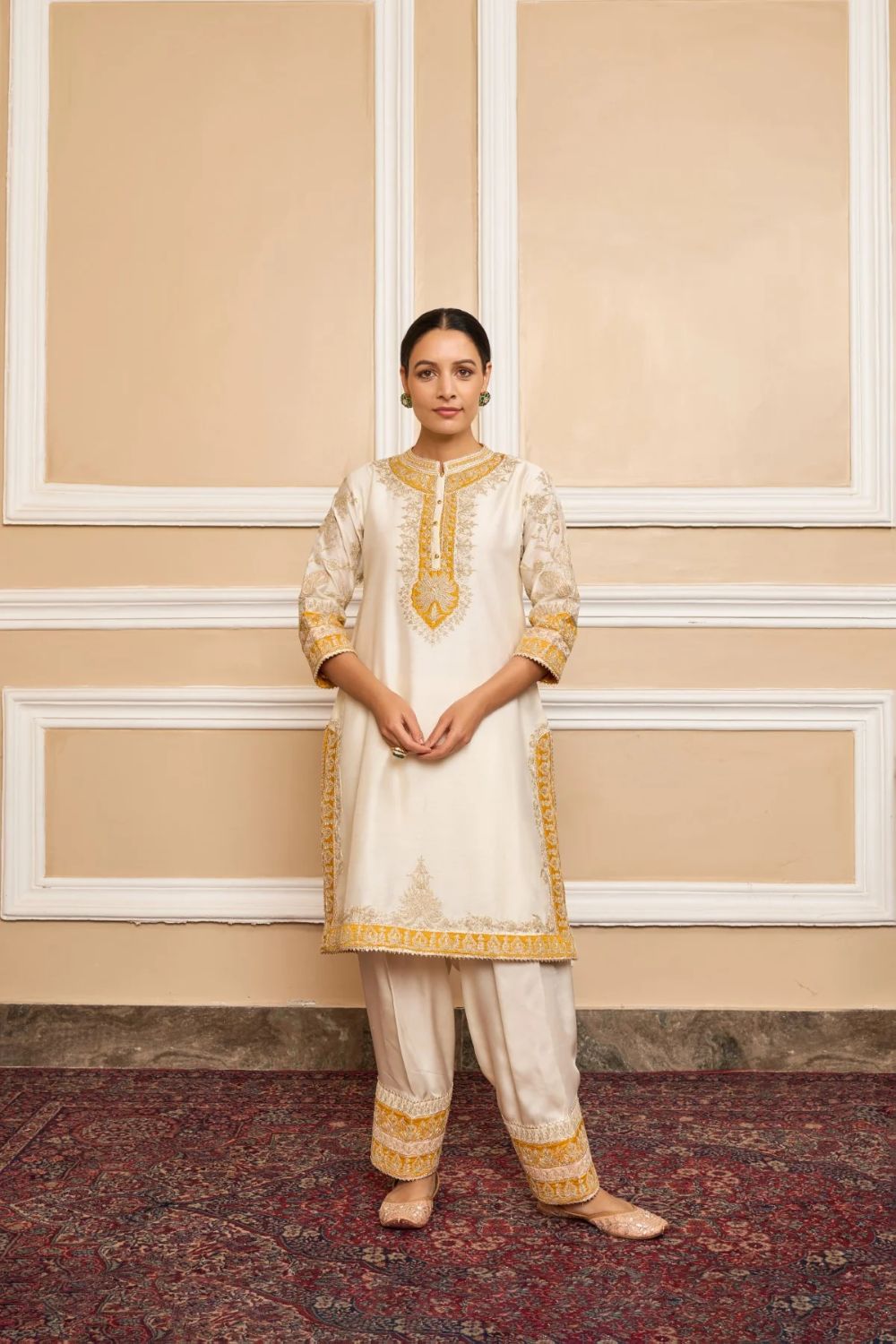 Resham Straight kurta with salwar and dupatta-Daisy Ivory