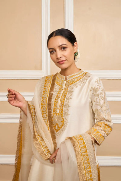 Resham Straight kurta with salwar and dupatta-Daisy Ivory