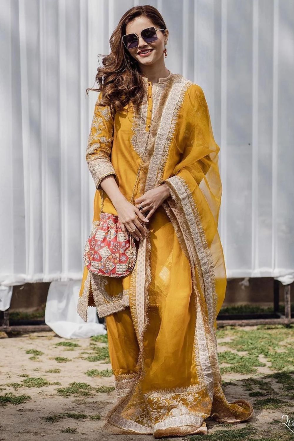 Resham Straight kurta with salwar and dupatta-Glaze mustard