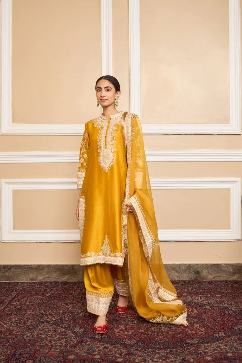Resham Straight kurta with salwar and dupatta-Glaze mustard